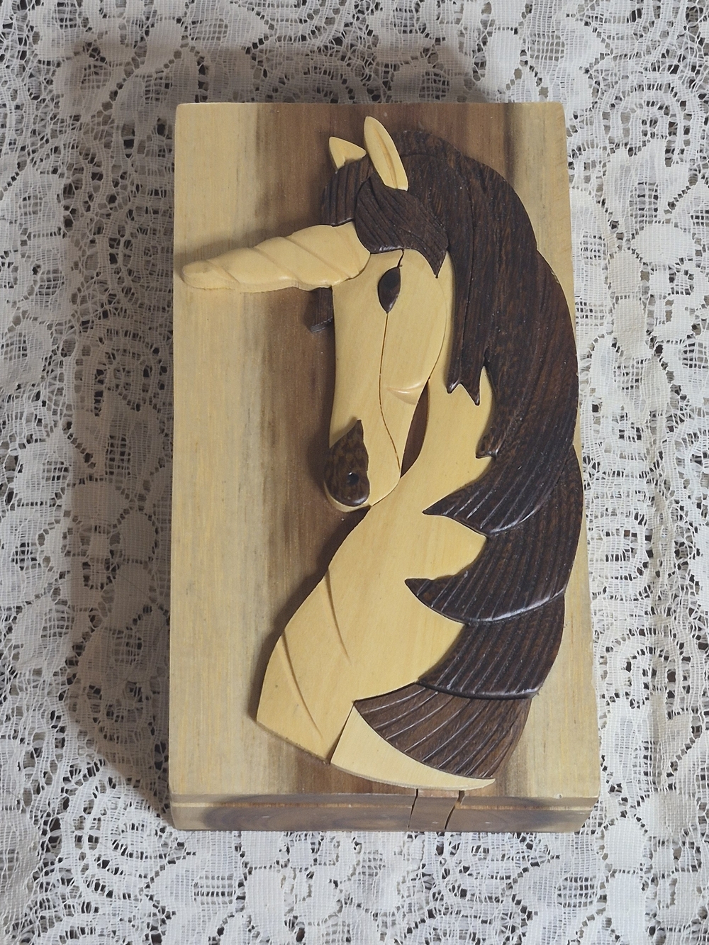 Carver Dan's Handcrafted Wood Unicorn Puzzle Box Secret Trinket Gift 7"x4"